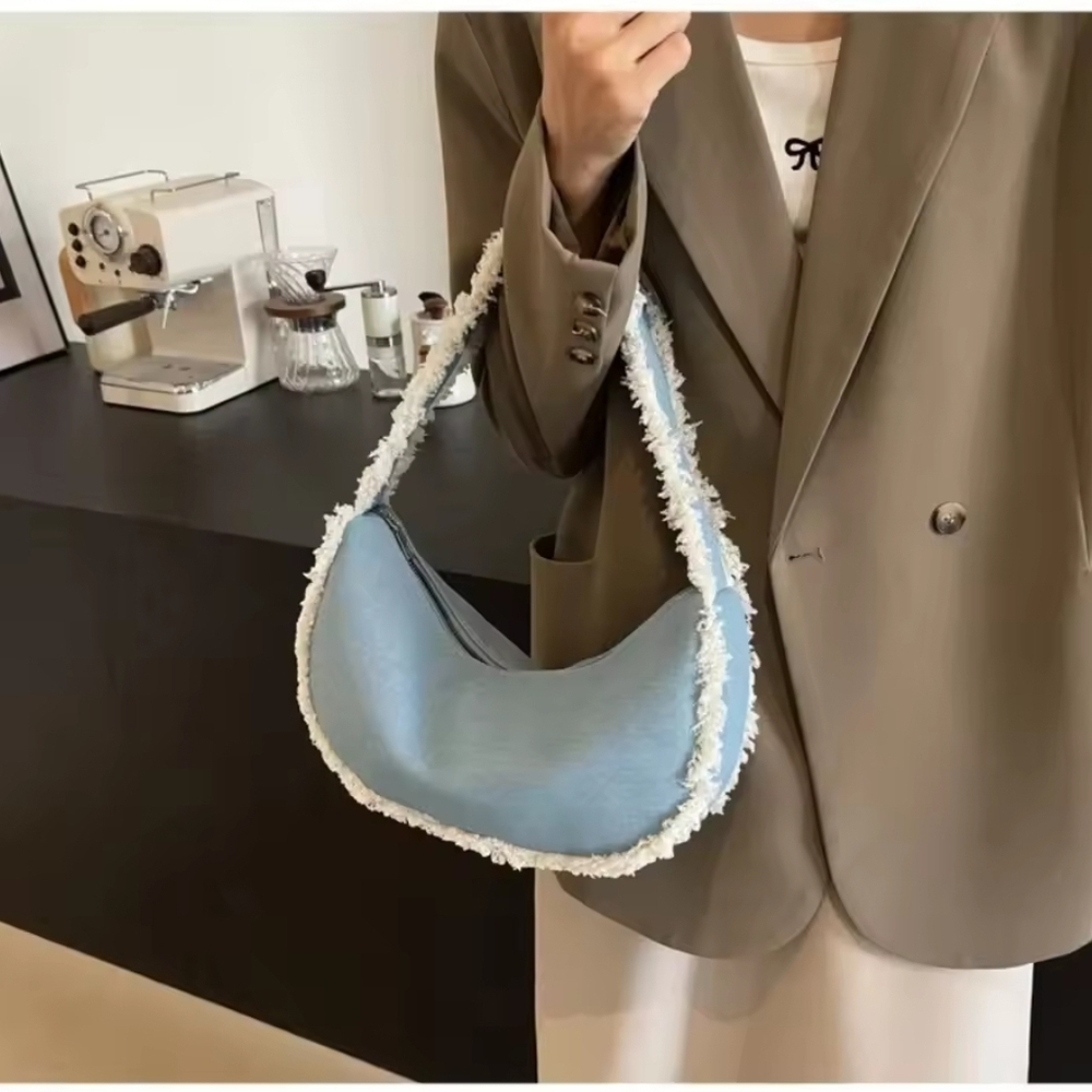 Chic Blue Shoulder Bag with White Fringe Soft Fabric Hobo Purse,